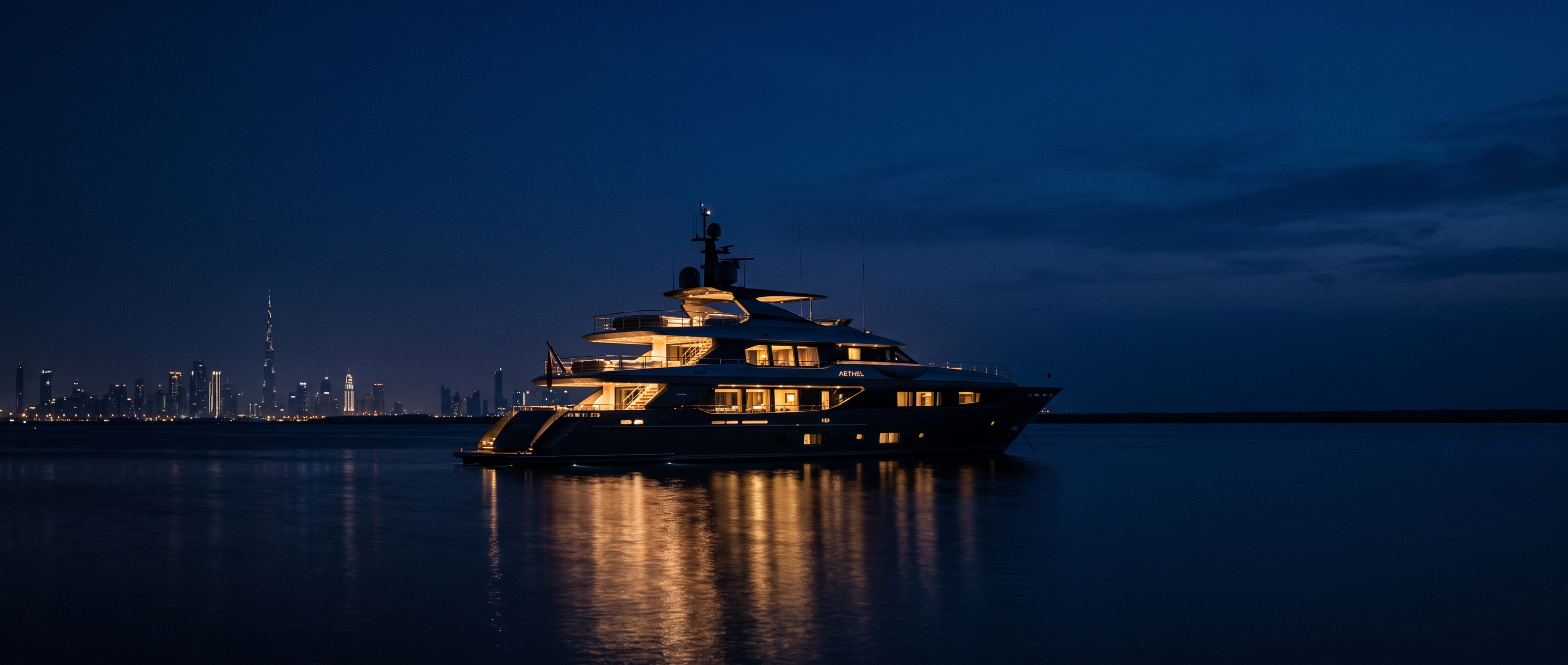 Superyacht at anchor at blue hour